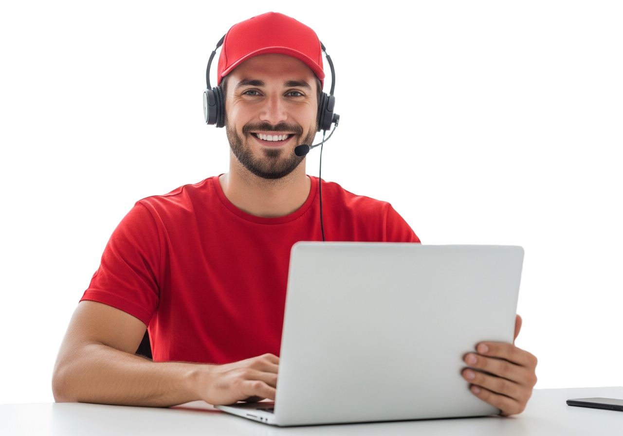 Support America technician with headset and laptop