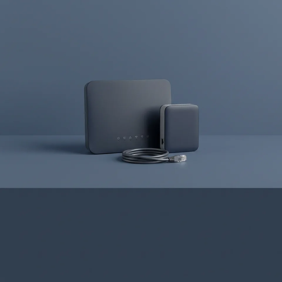 A home router, modem, and network cable