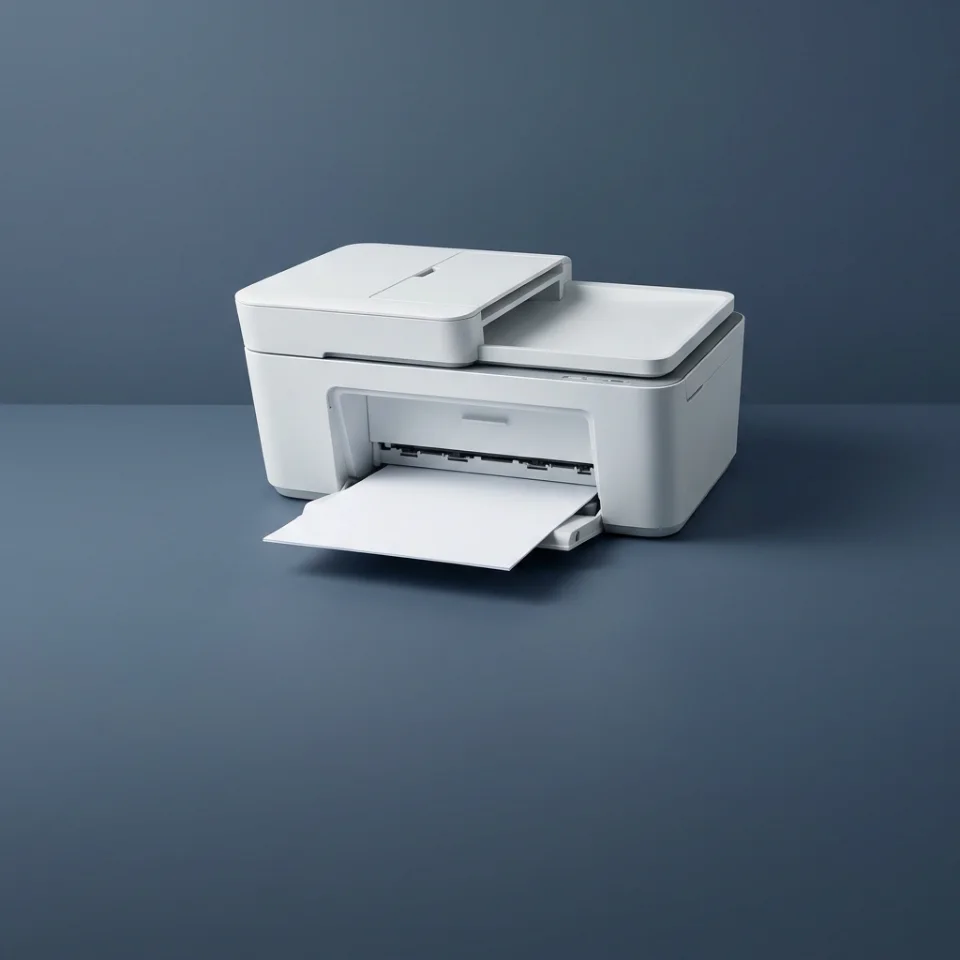 A generic all-in-one home printer with a blank sheet of paper