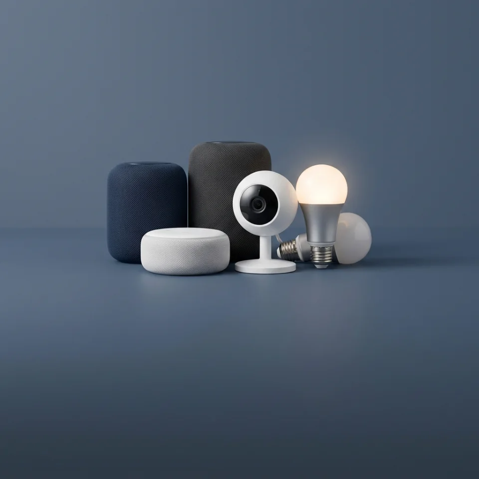 A smart speaker, indoor camera, and light bulb