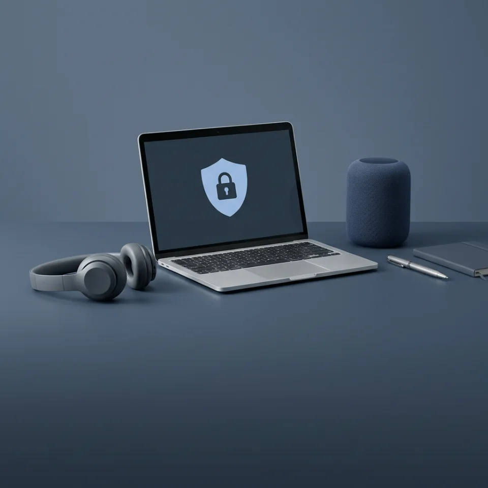A laptop displaying a security shield and padlock